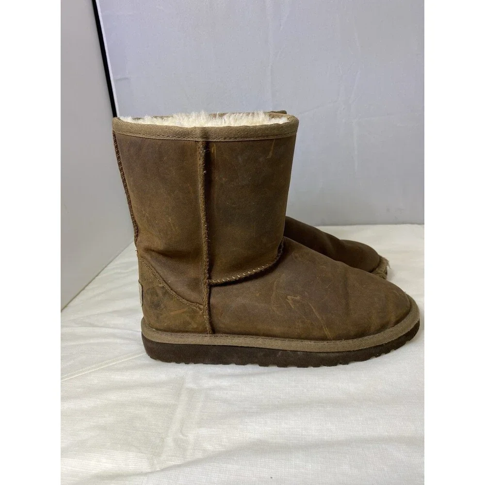 Ugg Unisex Kids Leather Shearling Lined Snow Boots Brown Youth Size 2